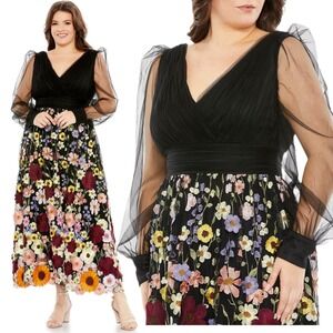 Mac Duggal NWT Embroidered Black Floral Puff Sleeve A-line Dress‎ $598 Size 16W